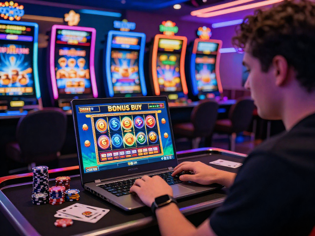 Engaging scene highlighting Bonus Buy slots uk experience with player at laptop, colorful slot game interface, modern casino atmosphere.