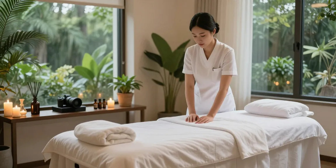 Relaxing spa therapy room setting for 강남출장안마 with essential oils and calming ambiance.