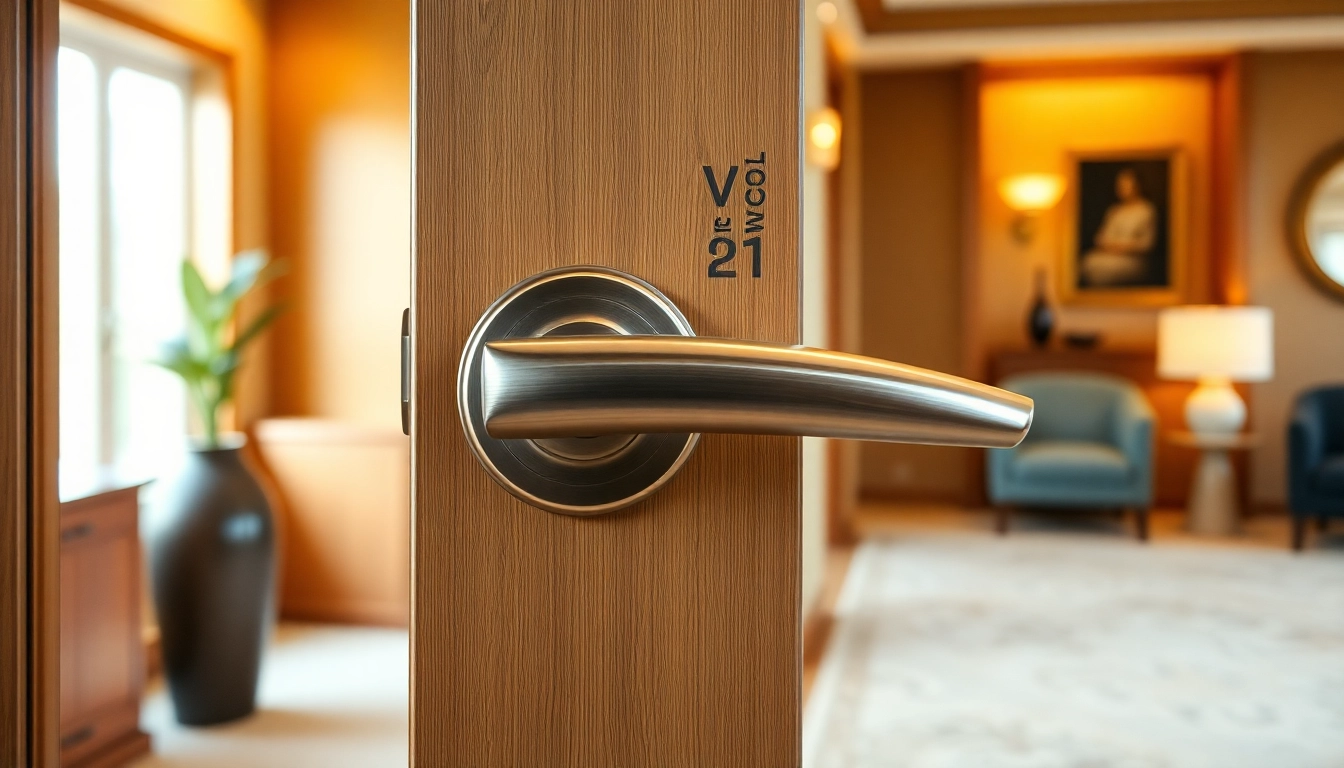 Elevate your space with a modern door handle showcasing sleek design and brushed nickel finish.
