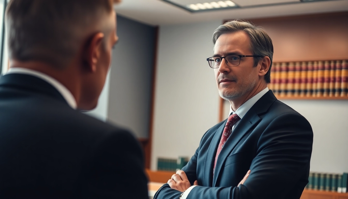 Asheville DWI defense lawyer engaging with a client in a courtroom, showcasing professionalism.