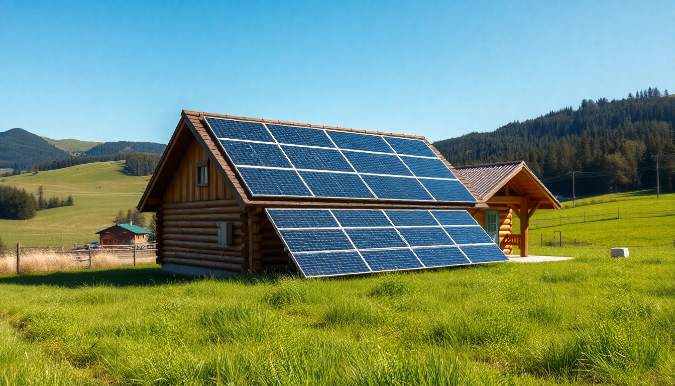 Showcasing an off grid home solar system installation on a cabin surrounded by nature.