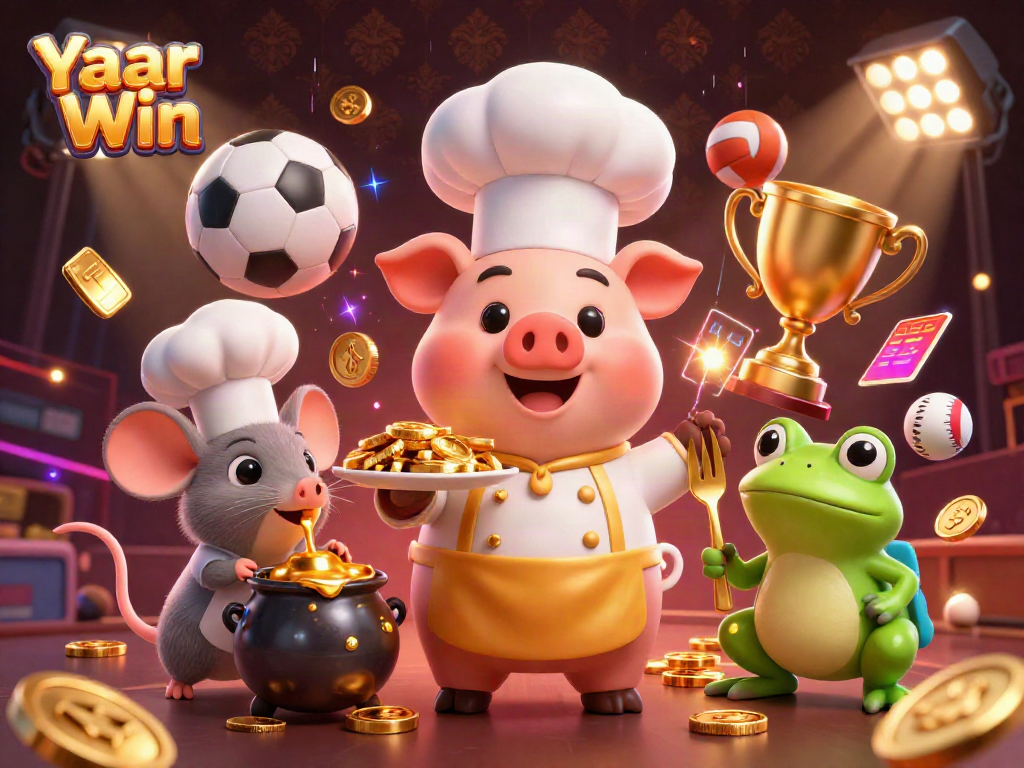 Experience Yaar Win with pig chef serving gold coins among vibrant gaming elements and sports balls.