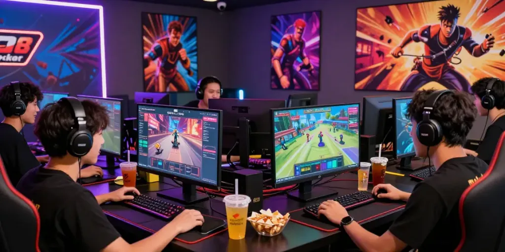 Exciting gaming session of rokok88 daftar with players, colorful screens, and lively atmosphere