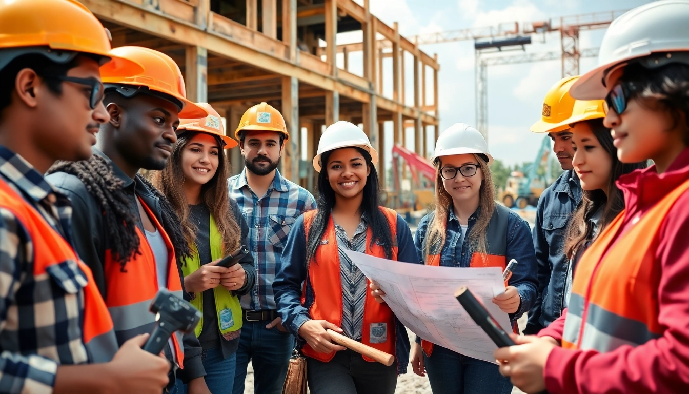 Engaged participants in construction apprenticeships carolinas collaborating on-site with tools and plans.