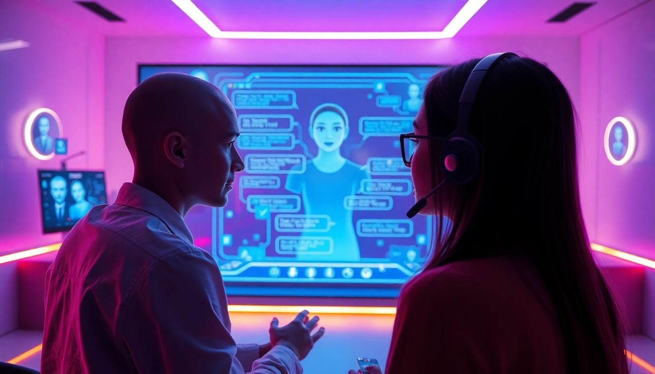 Engaging in ai sex chat free with an advanced AI character in a futuristic chat room.