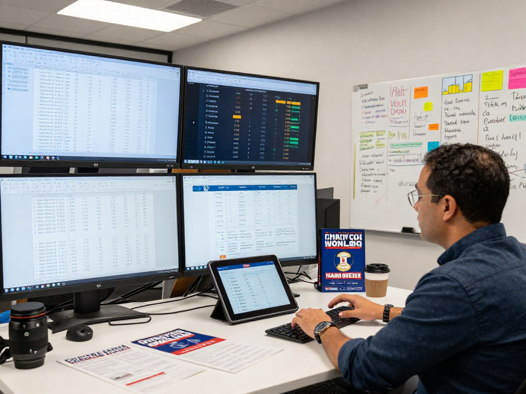 Strategist analyzing voter data for small dollar fundraising in a vibrant campaign office environment.