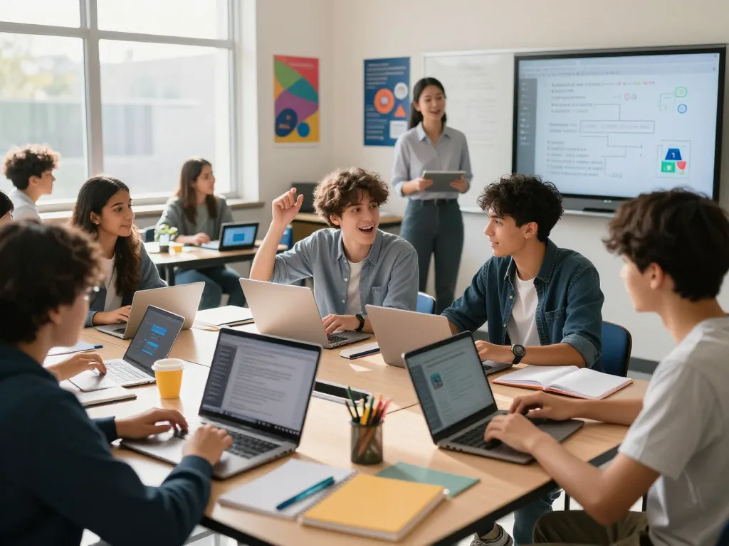 Students actively using AI for school work in a vibrant classroom environment