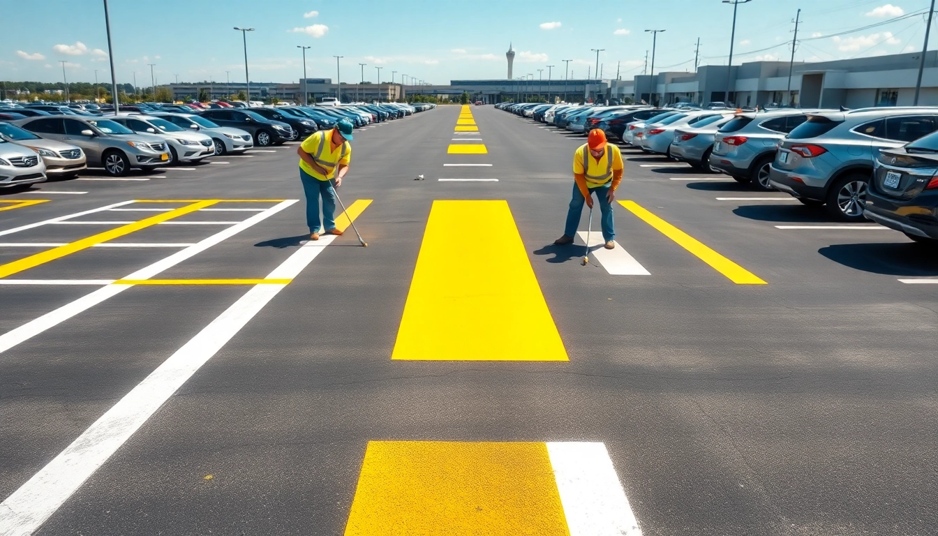 Parking lot striping Airport Road Jackson MS being done professionally with precision and care.