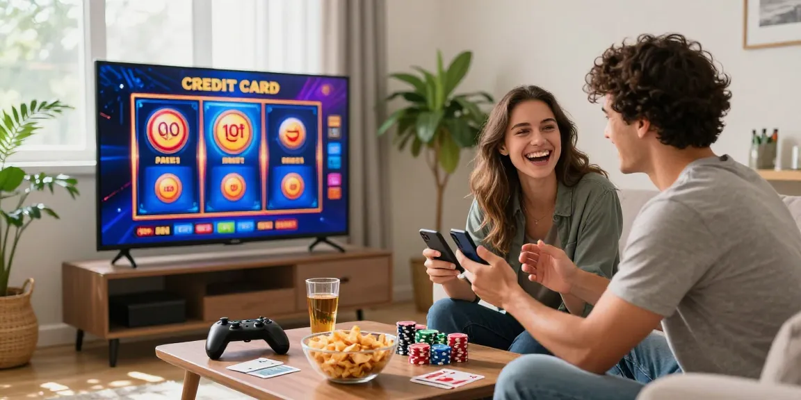 Engaged couple playing games at credit card casinos in a modern living room, showcasing fun, comfort, and excitement.