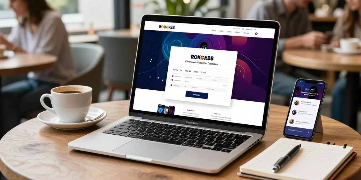 User logging in to https://rokok88vip.com on a sleek laptop with a stylish café backdrop, enhancing the premium experience.