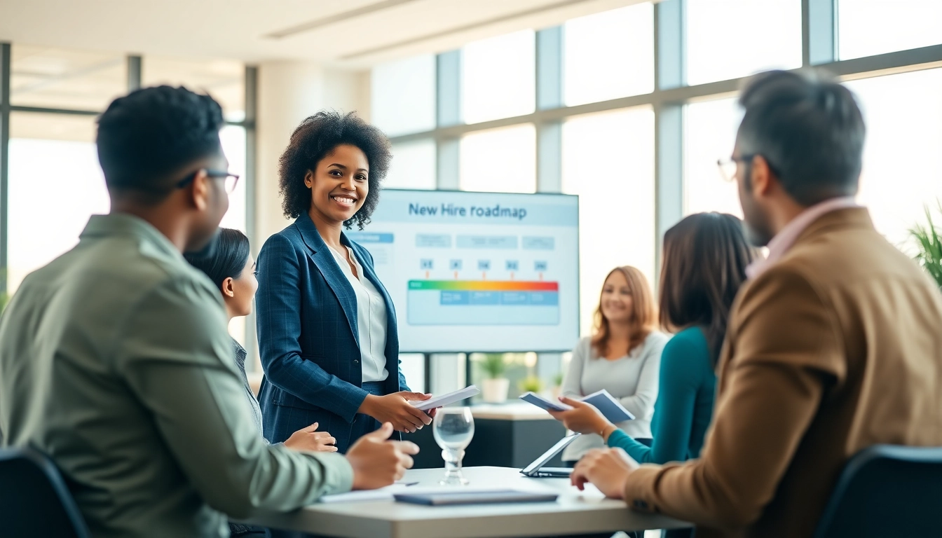 Showcasing new hire jobs discussion among a diverse professional team in a bright office setting.