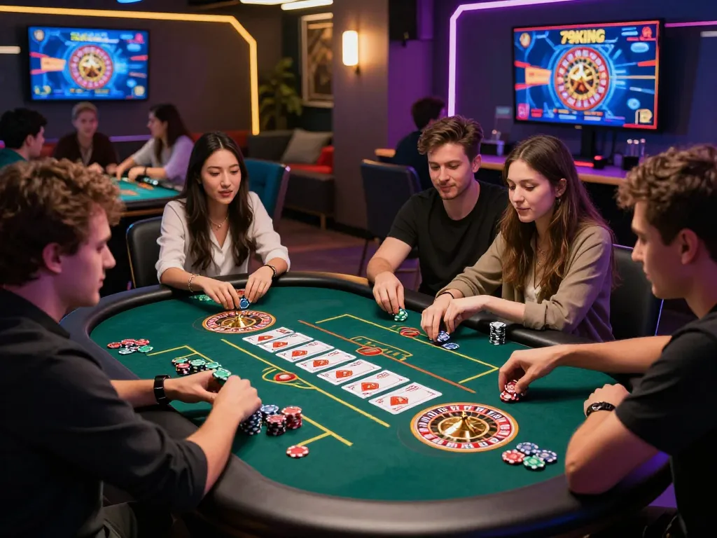 79KING gaming experience with players at table surrounded by neon lights and vibrant entertainment.