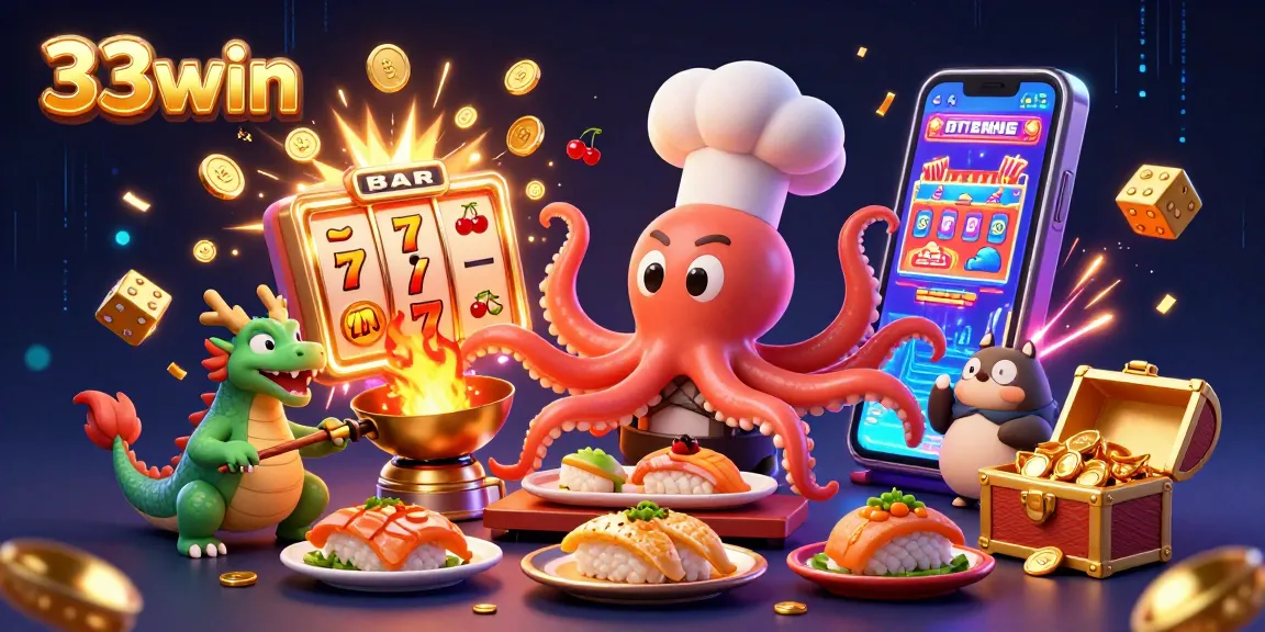 Experience the excitement of 33win with a colorful scene showcasing jackpot thrills and unique characters.