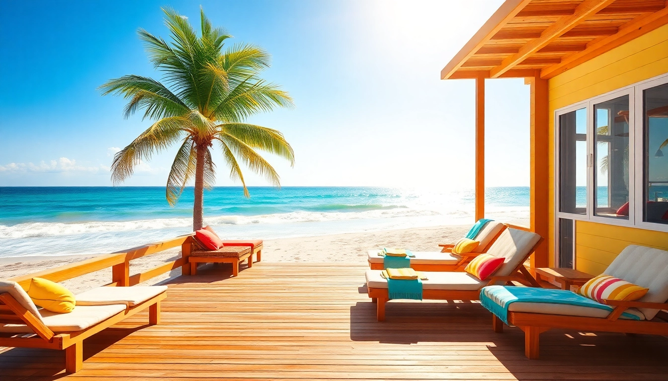 Relax and enjoy the sunny coastal cabana, featuring a spacious deck and vibrant beach ambiance.