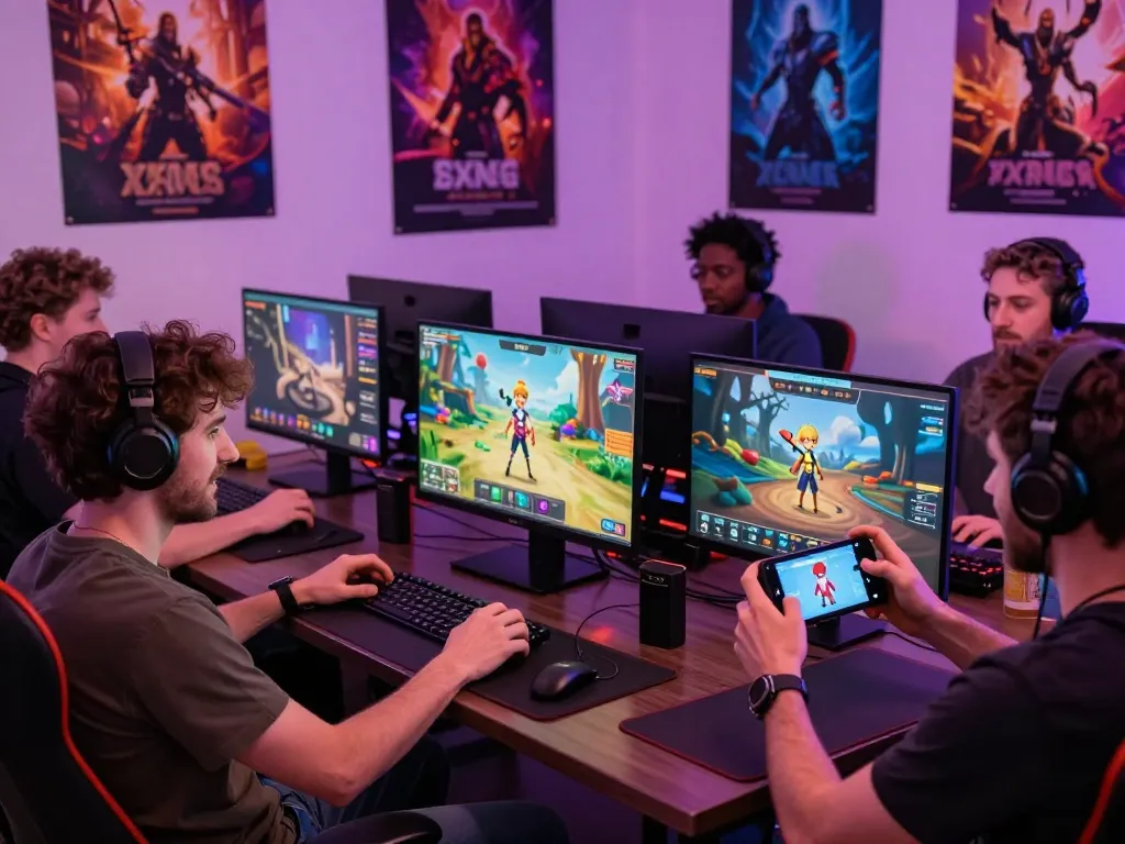 Adults enjoying immersive xxx games on various devices in a vibrant gaming setup