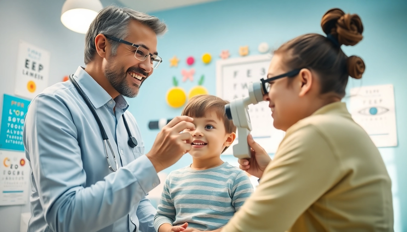 Engaging scene of Our Children's Vision eye test with a smiling optometrist and child in a bright clinic.
