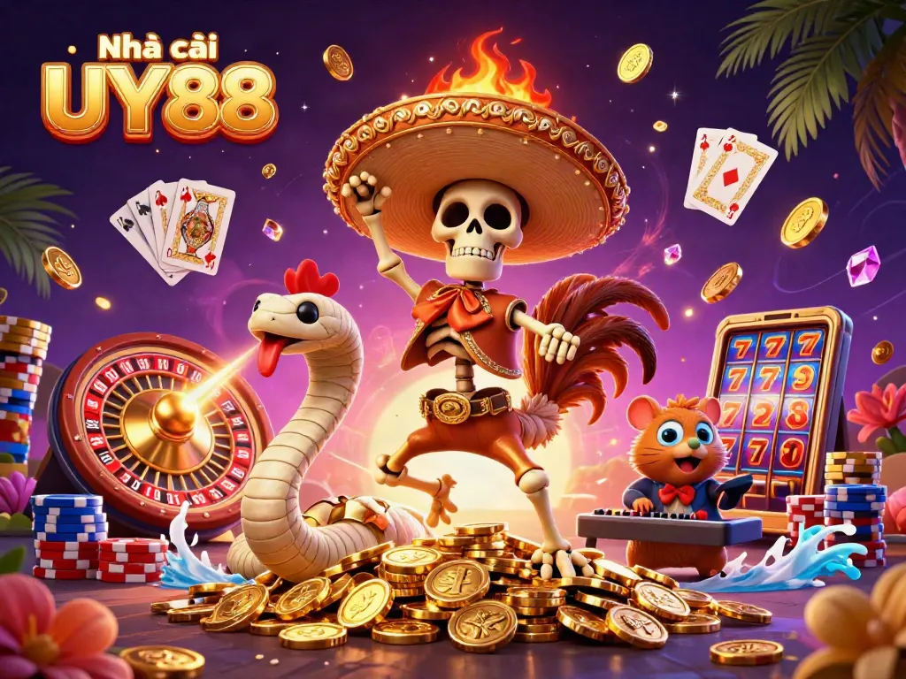 Experience thrilling games at Nhà cái UY88 with animated characters, coins, and vibrant casino elements.