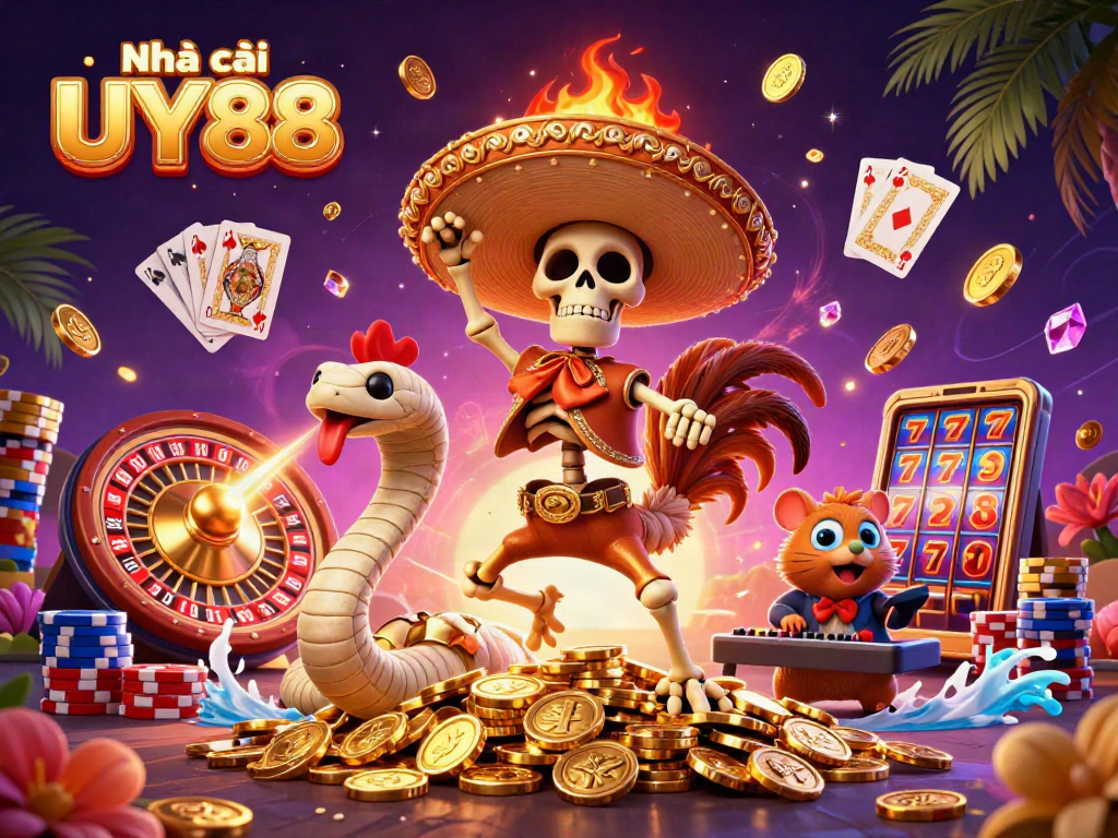 Experience thrilling games at Nhà cái UY88 with animated characters, coins, and vibrant casino elements.