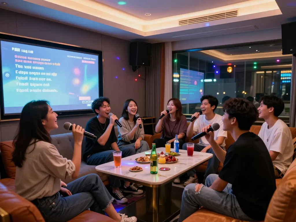 https://www.3no.org/bupyeong에서 카라오케를 즐기는 친구들, 생동감 넘치는 프라이빗 룸 분위기와 사회적 상호작용을 보여줍니다.