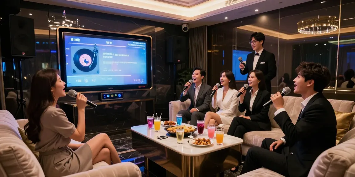 gangnammicroom.com/half에서 프리미엄 가라오케 공간에서 즐기는 손님들, 고급 음향 장비와 세련된 인테리어가 조화로운 모습