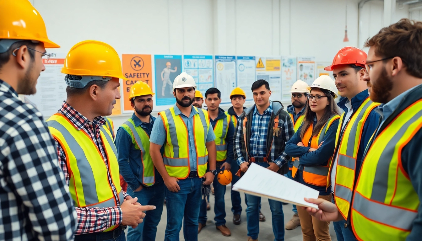 Engaged workers in construction site safety training using safety equipment.