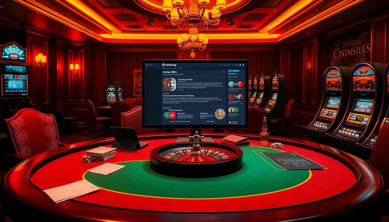 A thrilling casino scene featuring hidden wiki onion interface on a glowing screen amidst poker chips and dice.