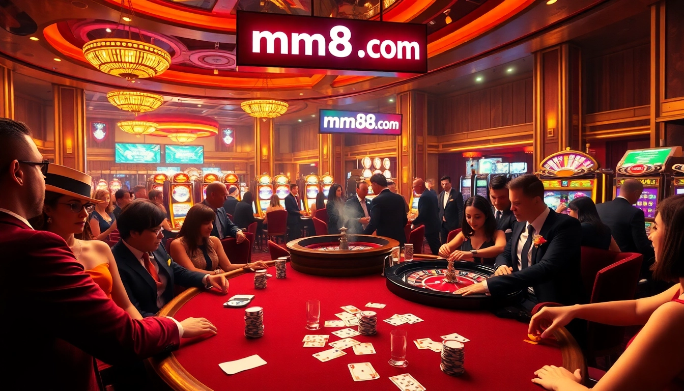 Experience the excitement of gambling at mm88.com with players enjoying intense poker games and spinning roulette wheels.
