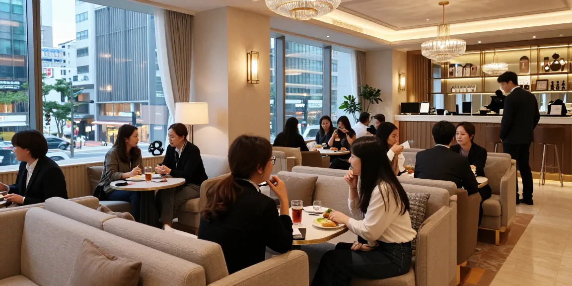 강남쩜오 멀리건에서의 편안하고 세련된 분위기 속 손님들이 즐거운 대화를 나누는 모습