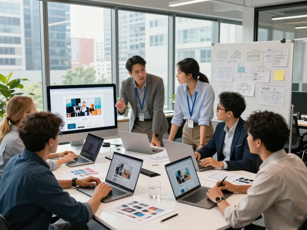 Freelance website designer near me collaborating in a modern office