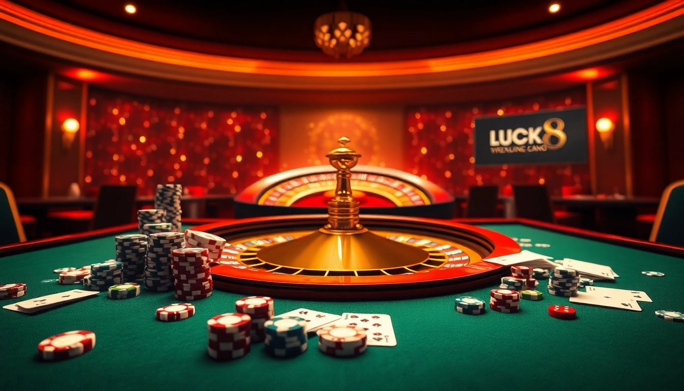 Experience the vibrant gaming action at LUCK8 with poker chips and roulette excitement.