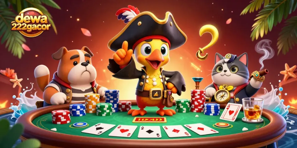 Engage with dewa222gacor's vibrant casino action, featuring a parrot captain and poker elements.