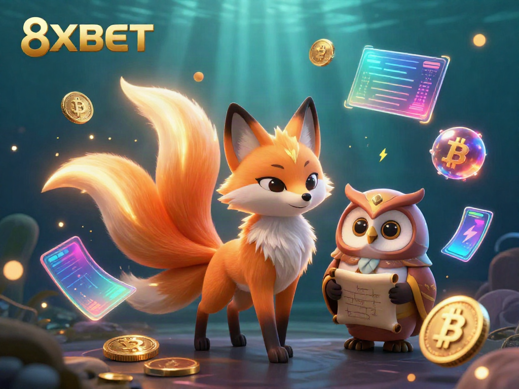 Experience the thrill of 8XBET with a colorful nine-tailed fox spirit, wise owl sage, and crypto elements in a dynamic gaming scene.