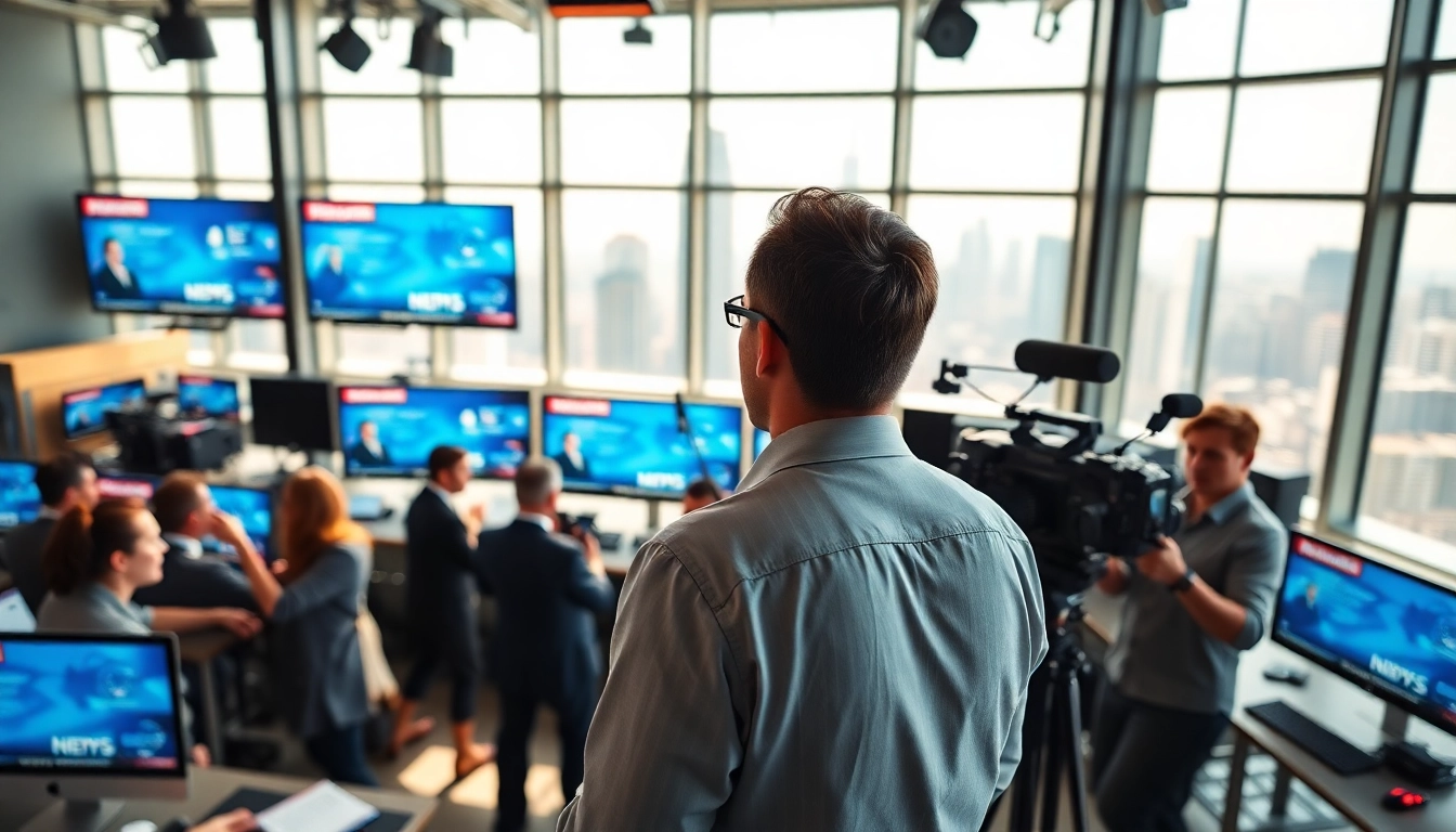 Covering news with dynamic reporters and bright monitors in a modern newsroom.