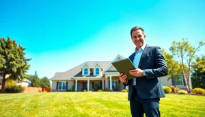 Real Estate agent presenting a charming suburban home, showcasing professionalism and approachability.