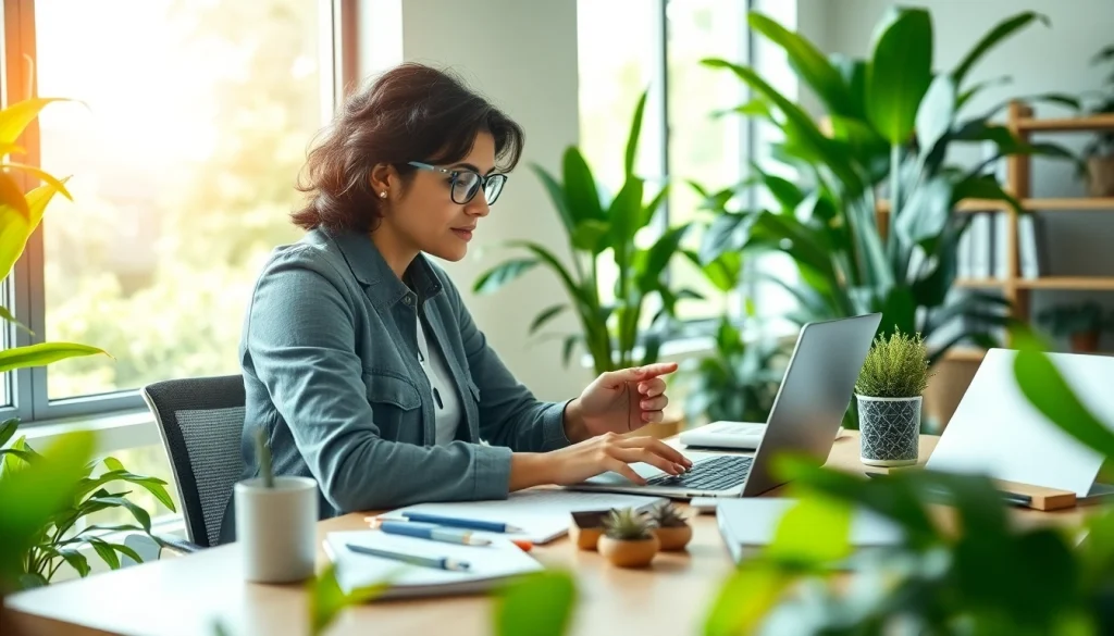 Journalist at https://www.unsustainablemagazine.com working in a sustainable office environment with plants.