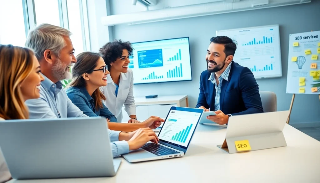 Boosting online visibility with professional seo services strategies in a collaborative office.