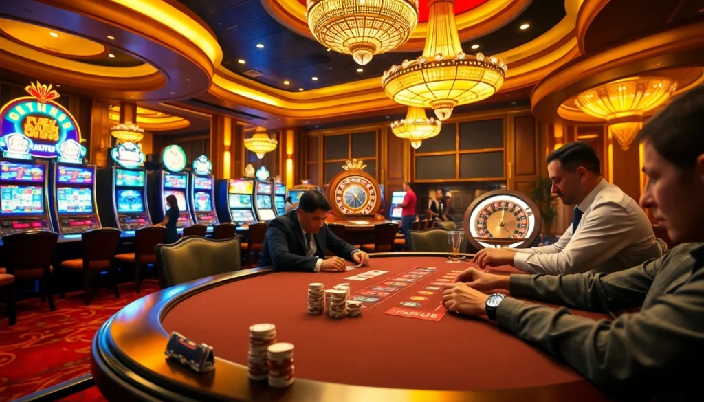 Players enjoying a thrilling poker game at MM 88 casino with vibrant slot machines in the background.