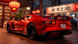 車リースを検討している人々が新車を見ている、魅力的な展示場の風景。