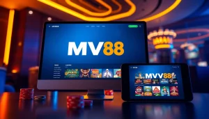 MV88 platform displayed on desktop and mobile devices, showcasing user-friendly online gaming experience.