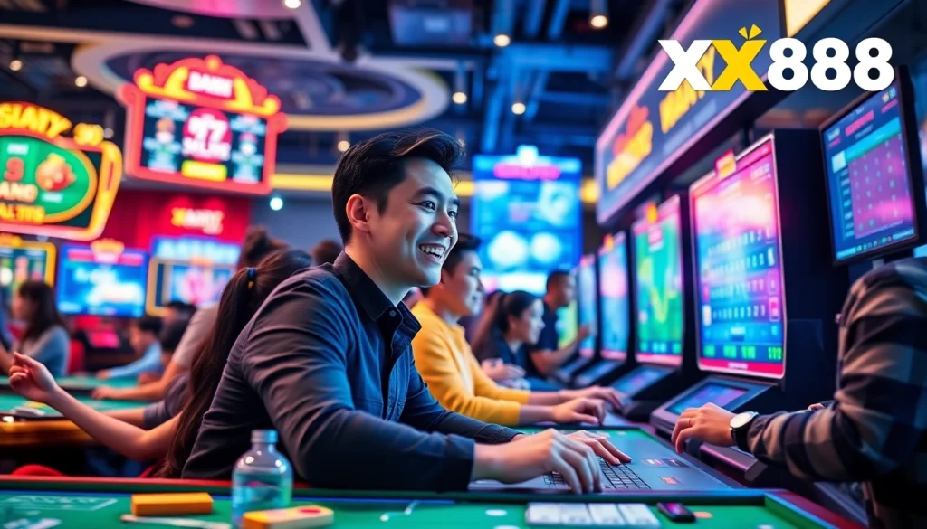 Engaging XX88 online casino scene showcasing diverse players and digital interfaces in a luxurious setting.