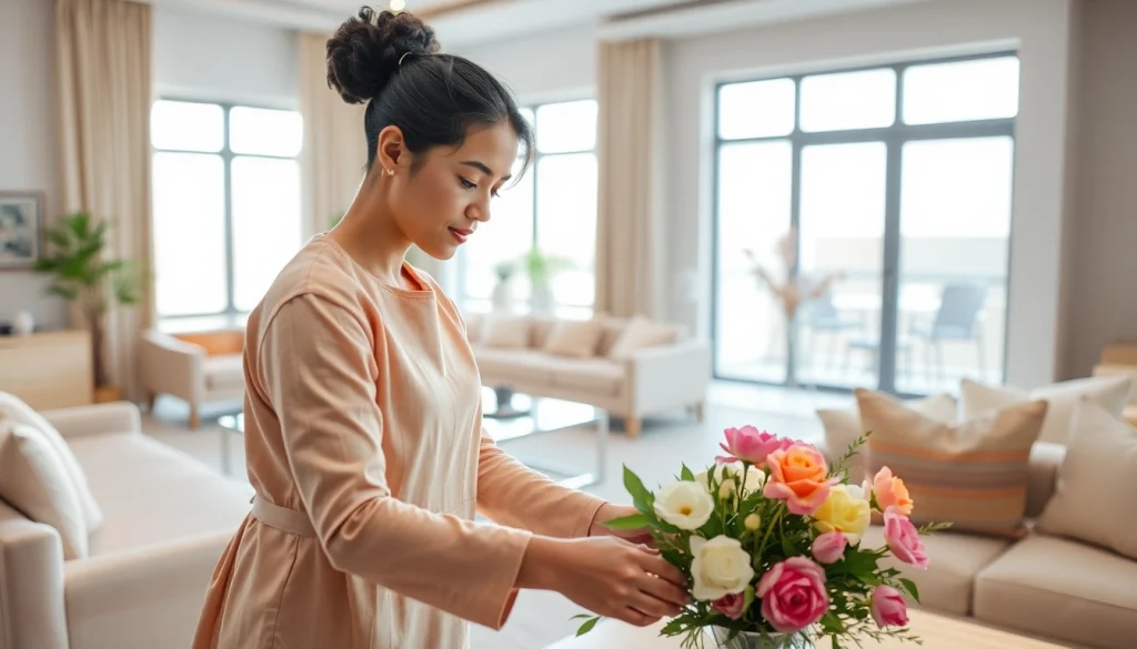 Maid Abu Dhabi arranging flowers in a bright, organized home setting.
