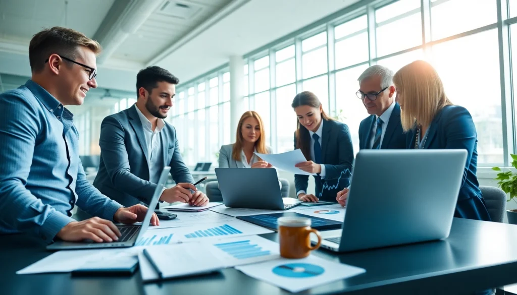 Engaged Quickplus Business Consultants reviewing strategies in a modern office.