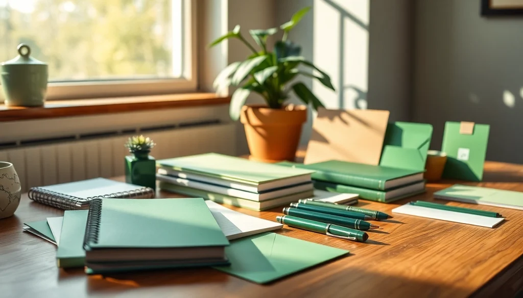 Showcasing beautiful green stationery items in an eco-friendly setting with natural lighting.