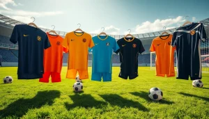 Showcase of cheap football kits arranged artistically on a soccer field, highlighting vibrant colors and designs.