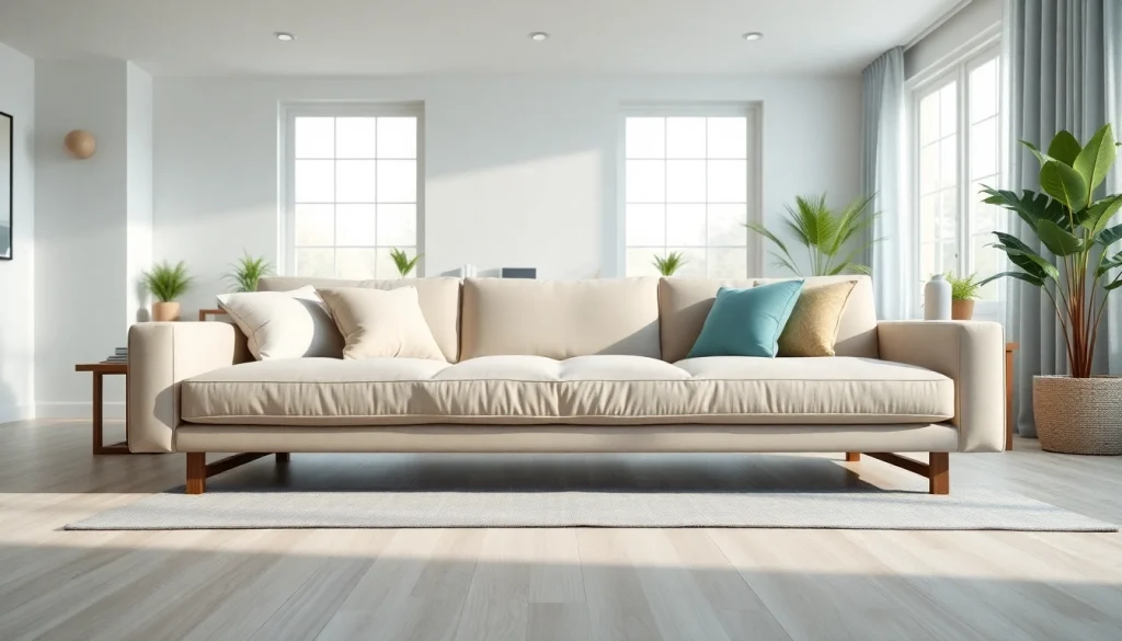 Cozy sofa bed with elegant cushions in a bright living room setting