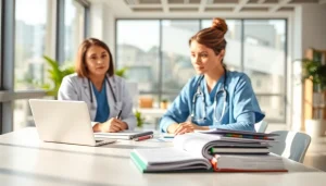 Nursing assignment help services discussed in a modern office between a healthcare professional and student.