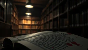 Unraveling mysteries through a thrilling book set in a suspenseful library atmosphere.