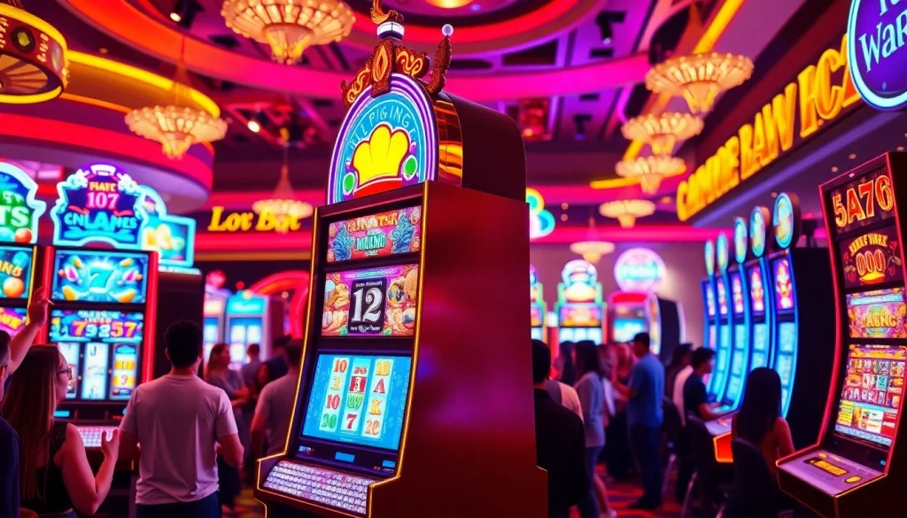 Bermain slot di mesin yang ramai dengan lampu warna-warni, suasana kasino yang meriah.