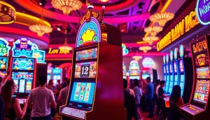 Bermain slot di mesin yang ramai dengan lampu warna-warni, suasana kasino yang meriah.