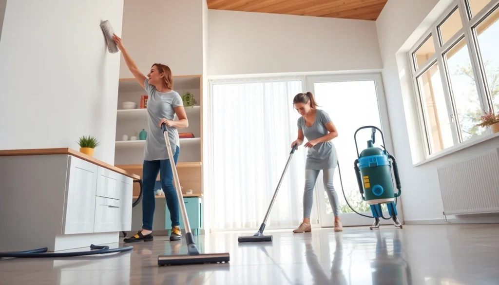 Cleaning Service team efficiently cleaning a bright home, highlighting attention to detail.